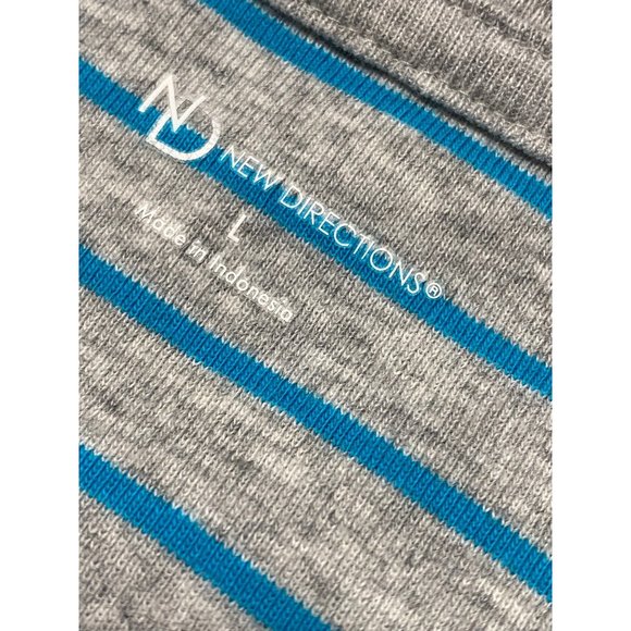 New Directions Women Large Pull Over Top Long Sleeve Gray Teal Blue Stripes Soft - Picture 4 of 8